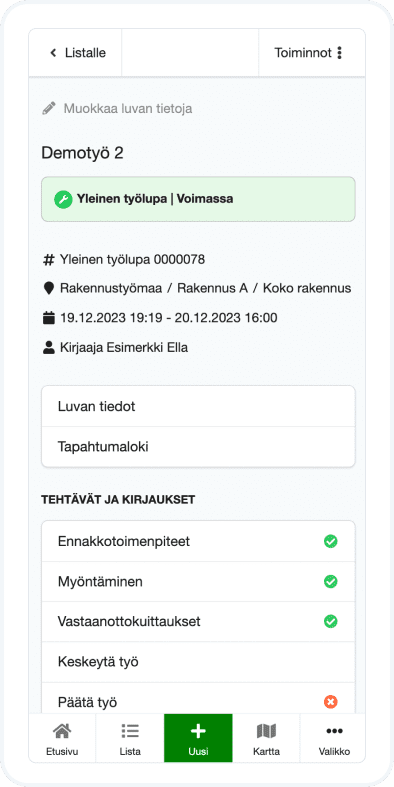 Gate Apps luvan tiedot -näkymä